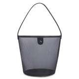 A black mesh bucket bag with leather trim, a single shoulder strap, and snap closure shown on a white background.