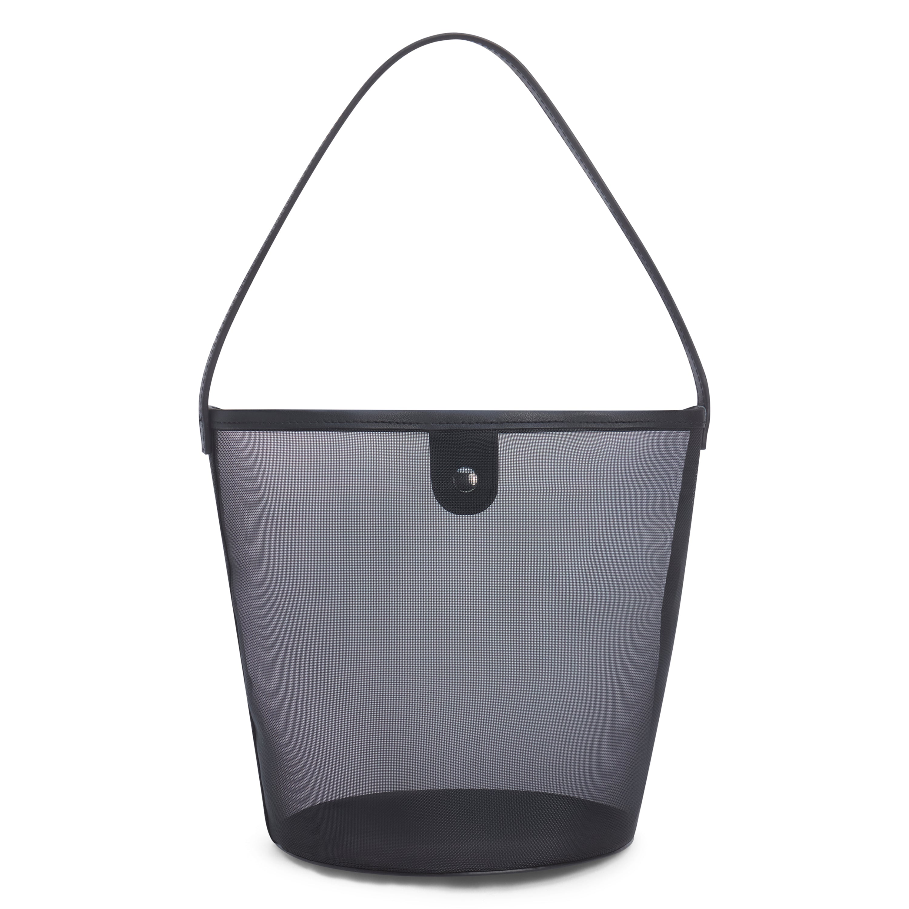 A black mesh bucket bag with leather trim, a single shoulder strap, and snap closure shown on a white background.