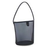 A black mesh bucket bag with leather trim, a single shoulder strap, and snap closure shown on a white background.