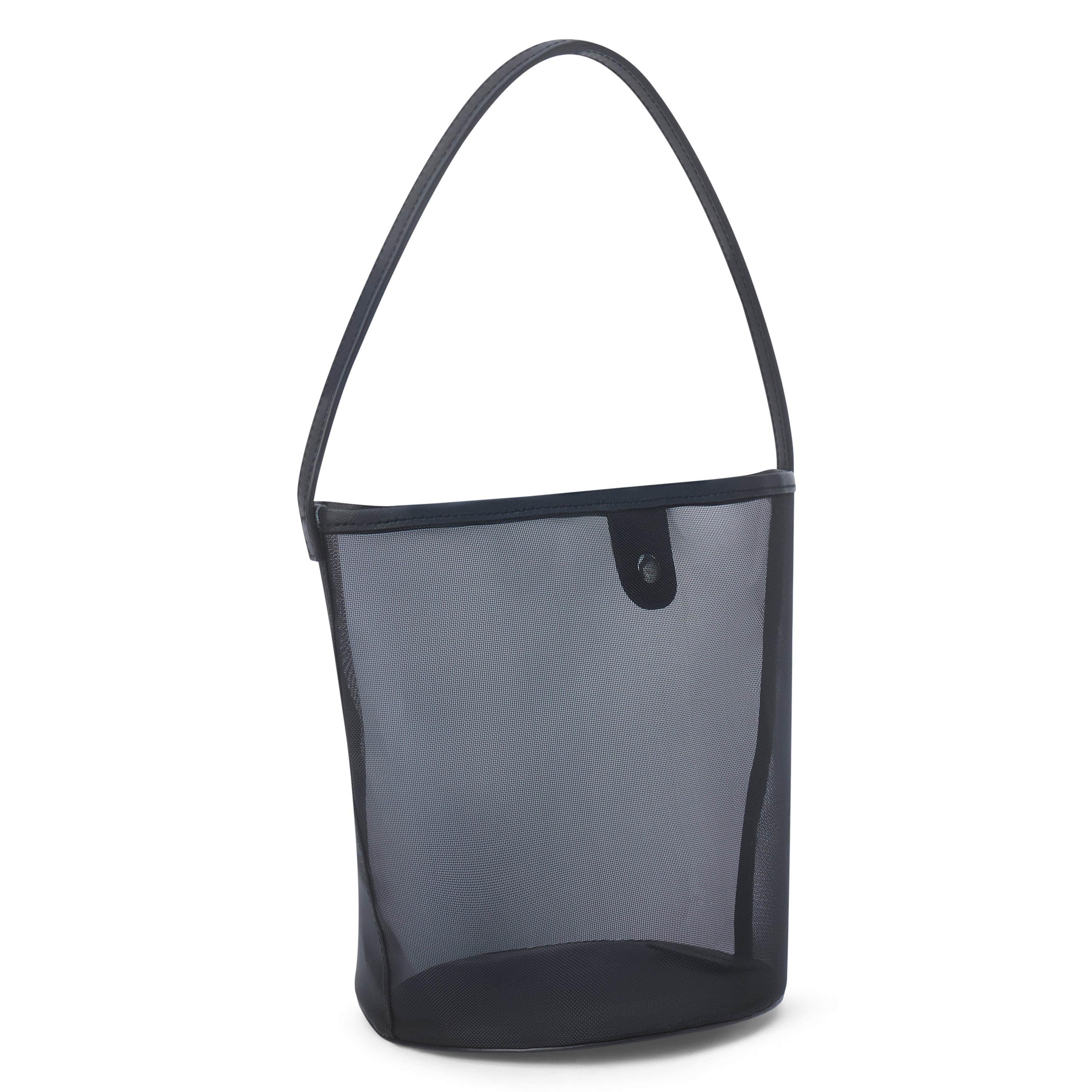 A black mesh bucket bag with leather trim, a single shoulder strap, and snap closure shown on a white background.