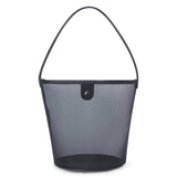 A black mesh bucket bag with leather trim, a single shoulder strap, and snap closure shown on a white background.