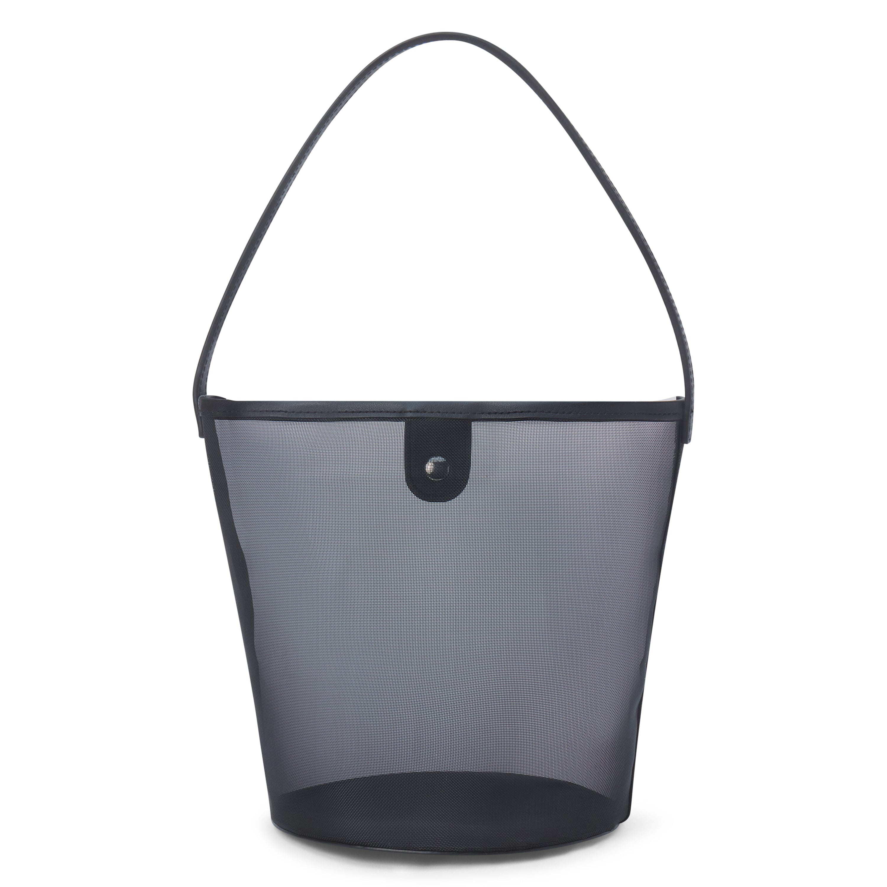 A black mesh bucket bag with leather trim, a single shoulder strap, and snap closure shown on a white background.
