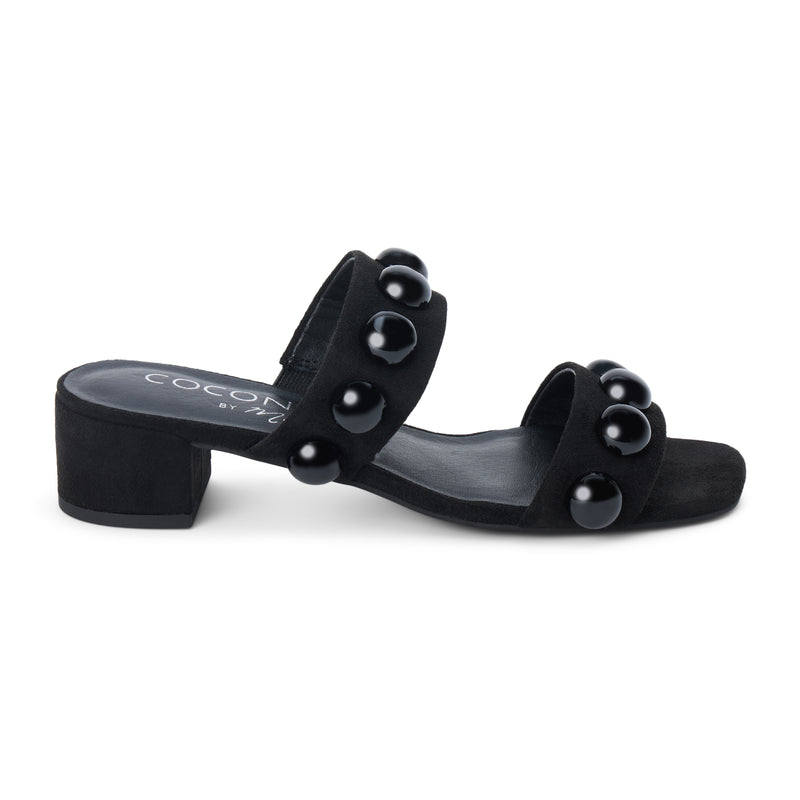 Venus Vegan Heeled Sandal – Coconuts by Matisse – Black two-strap sandal with black dome studs and low block heel.