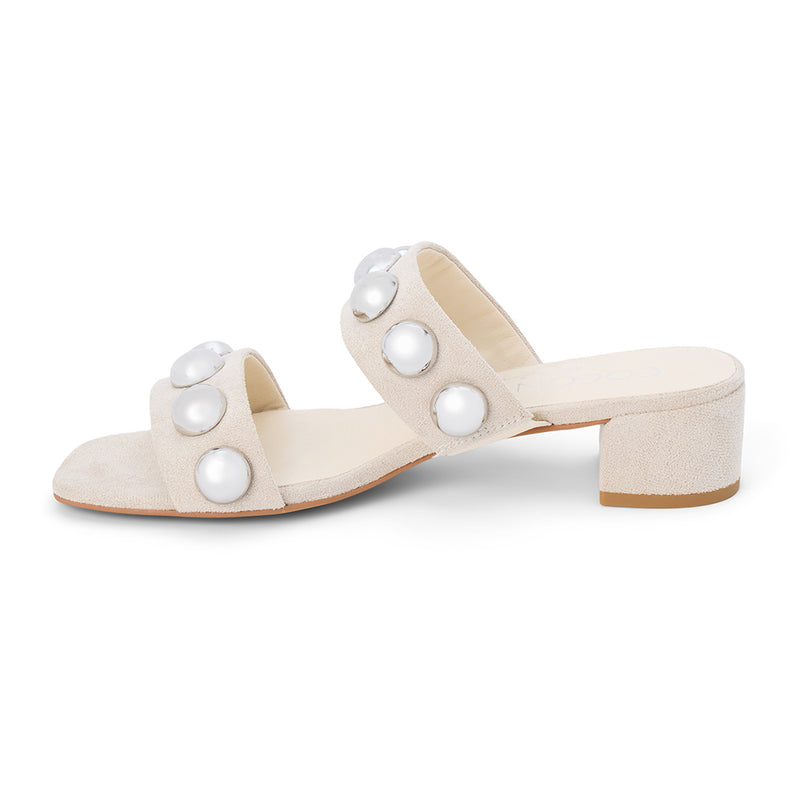 Venus Vegan Heeled Sandal – Coconuts by Matisse – Light beige two-strap sandal with silver dome studs and low block heel.