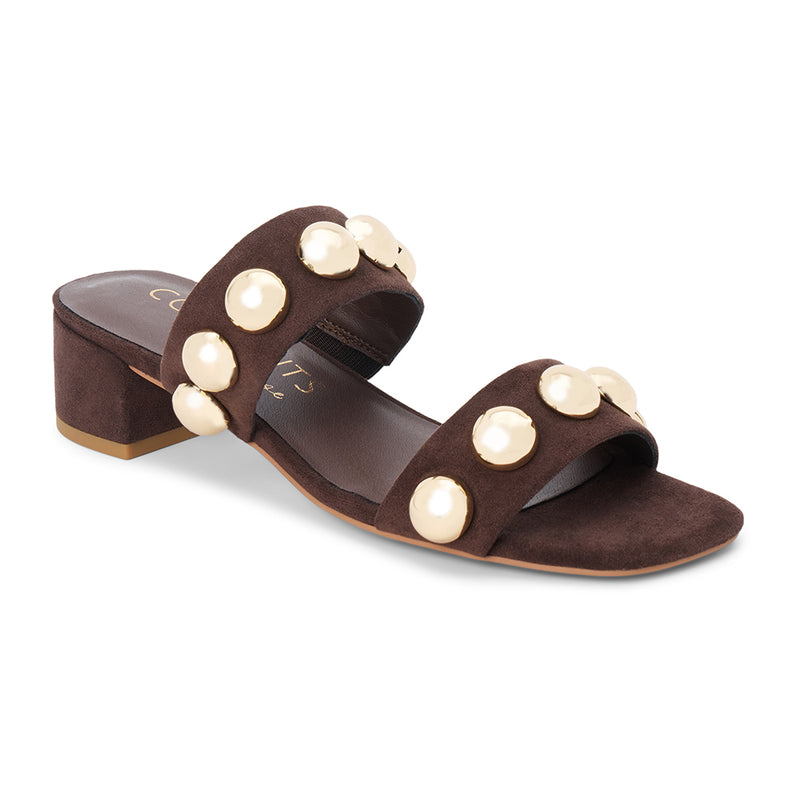 Venus Vegan Heeled Sandal – Coconuts by Matisse – Brown two-strap sandal with gold dome studs and low block heel.