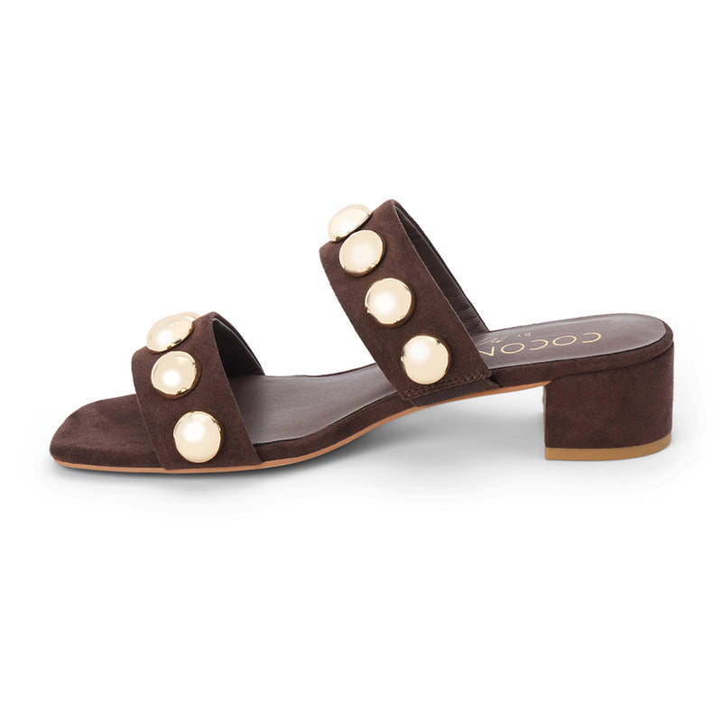 Venus Vegan Heeled Sandal – Coconuts by Matisse – Brown two-strap sandal with gold dome studs and low block heel.