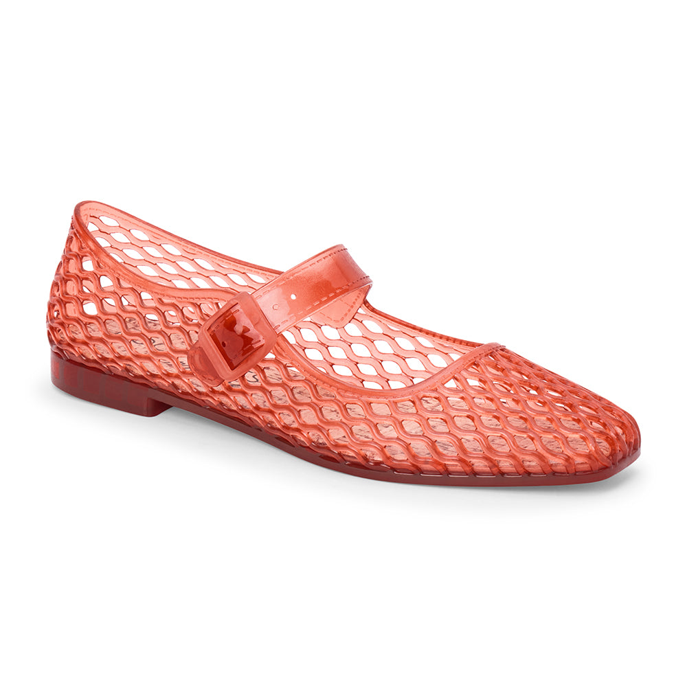 Red mesh flat with a Mary Jane strap and buckle closure, shown on a white background.
