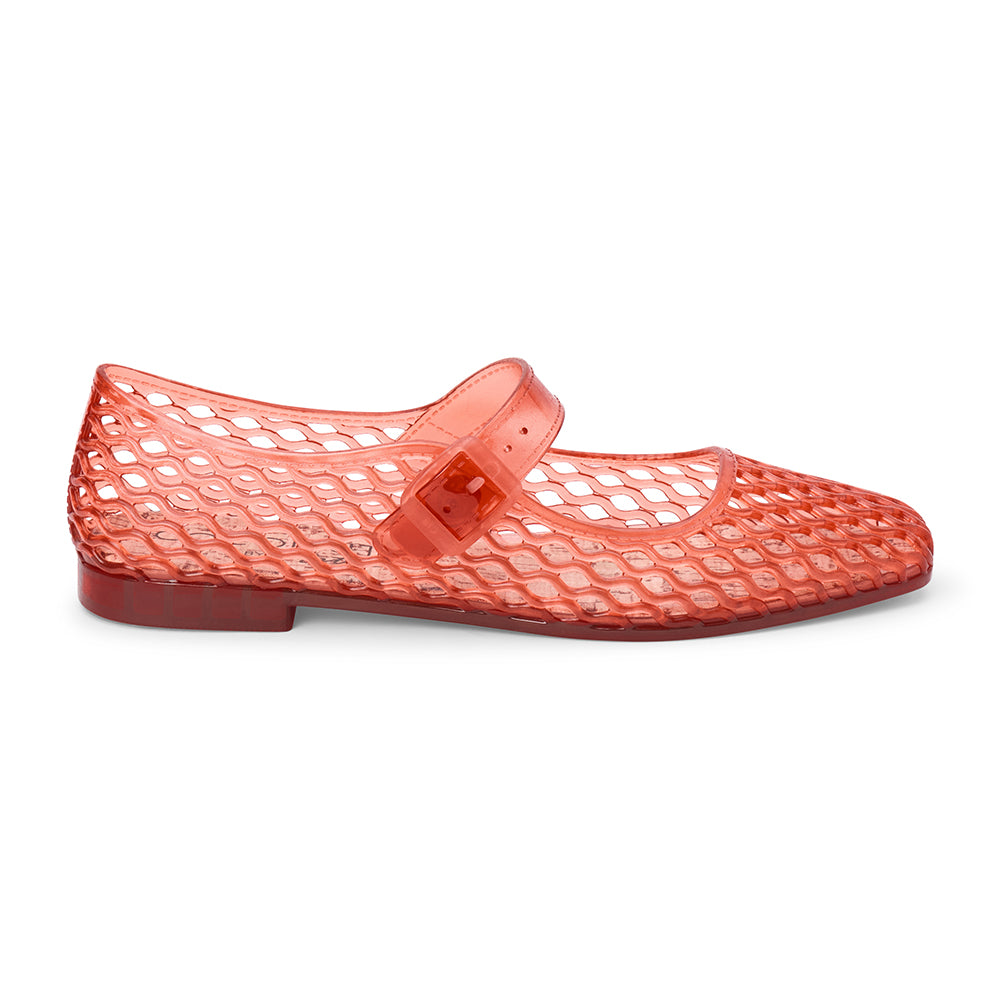 Red mesh flat with a Mary Jane strap and buckle closure, shown on a white background.