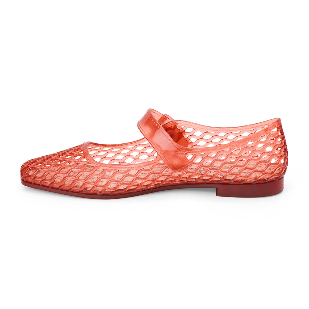Red mesh flat with a Mary Jane strap and buckle closure, shown on a white background.