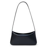 Black leather shoulder bag with a structured silhouette and slim strap, shown on a white background.