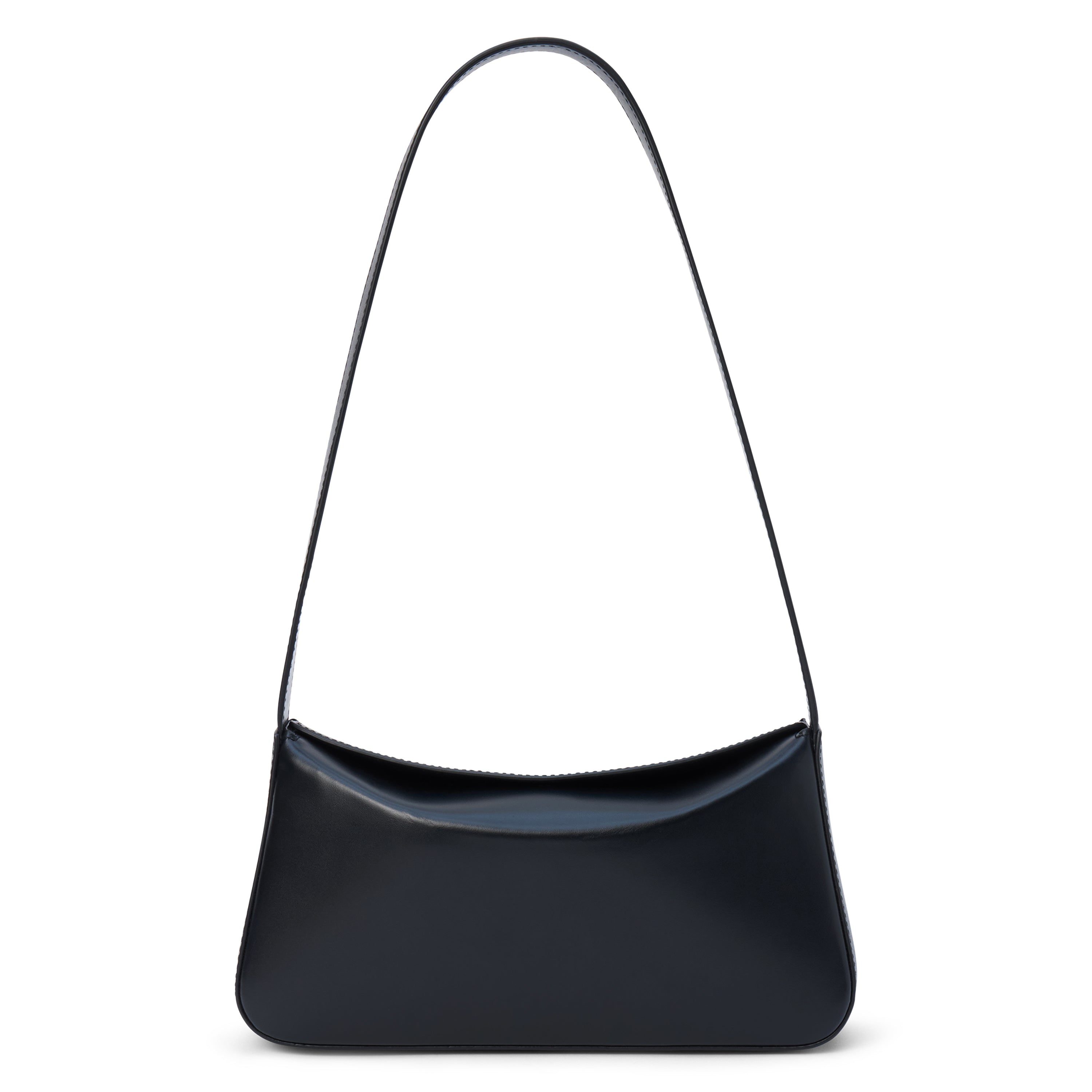 Black leather shoulder bag with a structured silhouette and slim strap, shown on a white background.