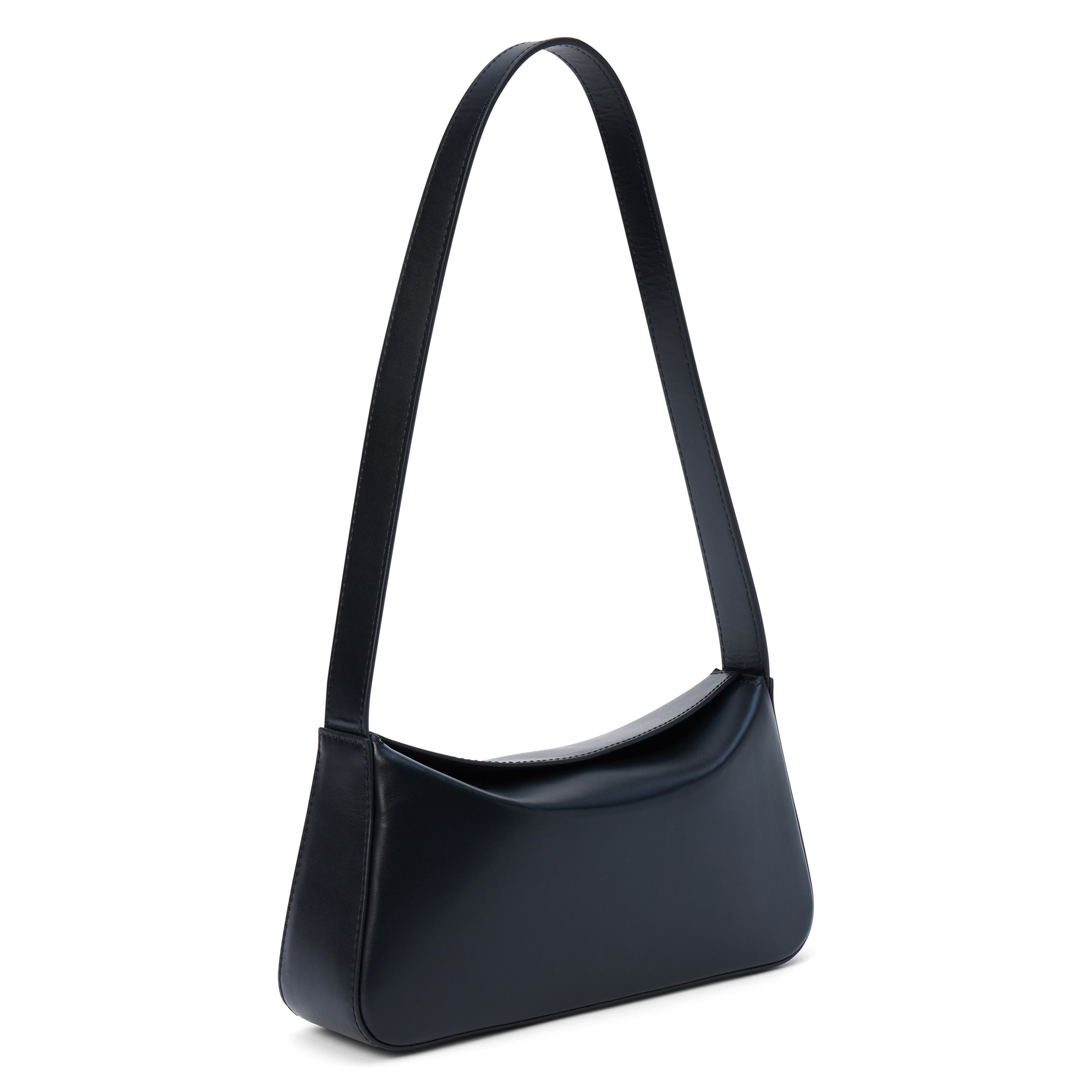 Black leather shoulder bag with a structured silhouette and slim strap, shown on a white background.