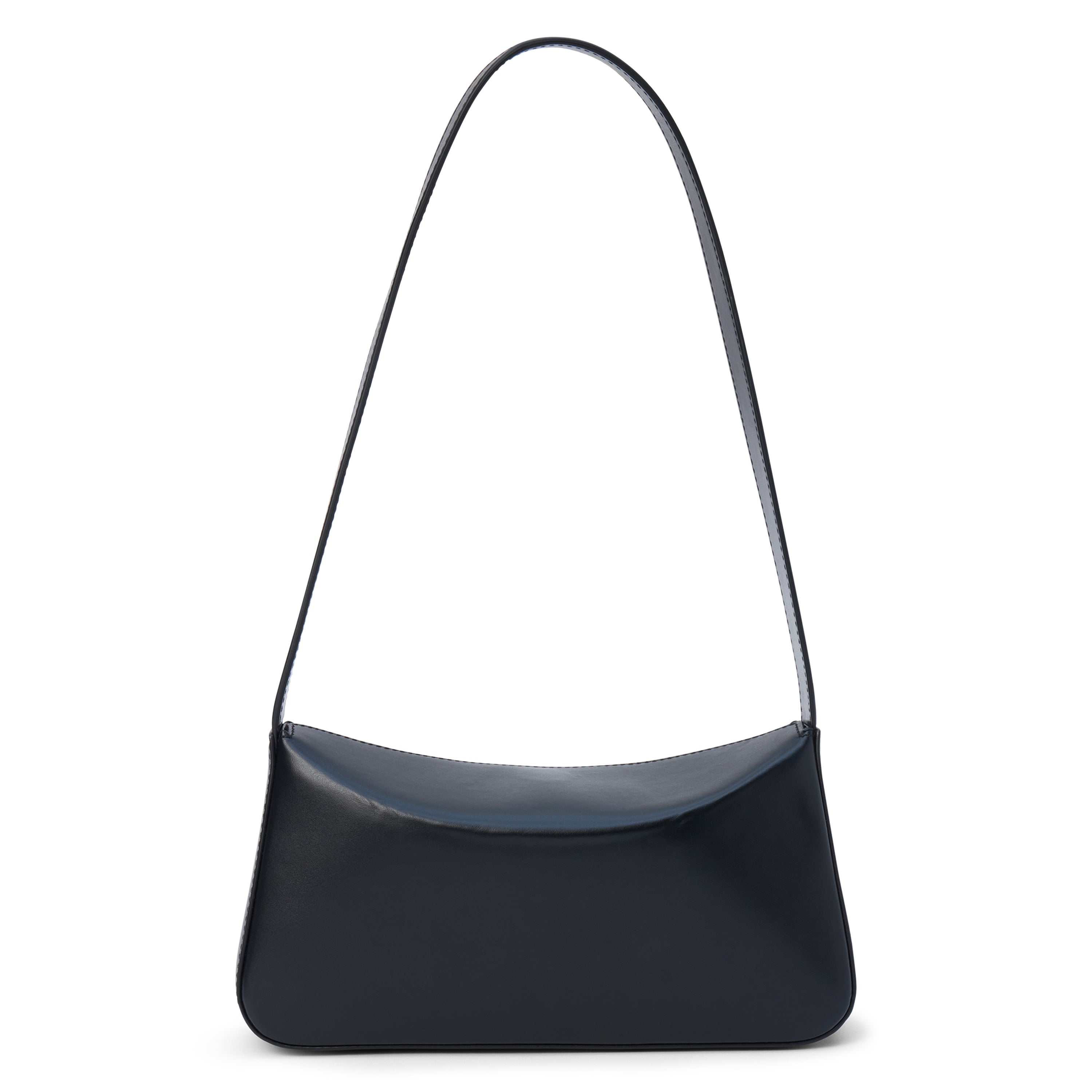 Black leather shoulder bag with a structured silhouette and slim strap, shown on a white background.