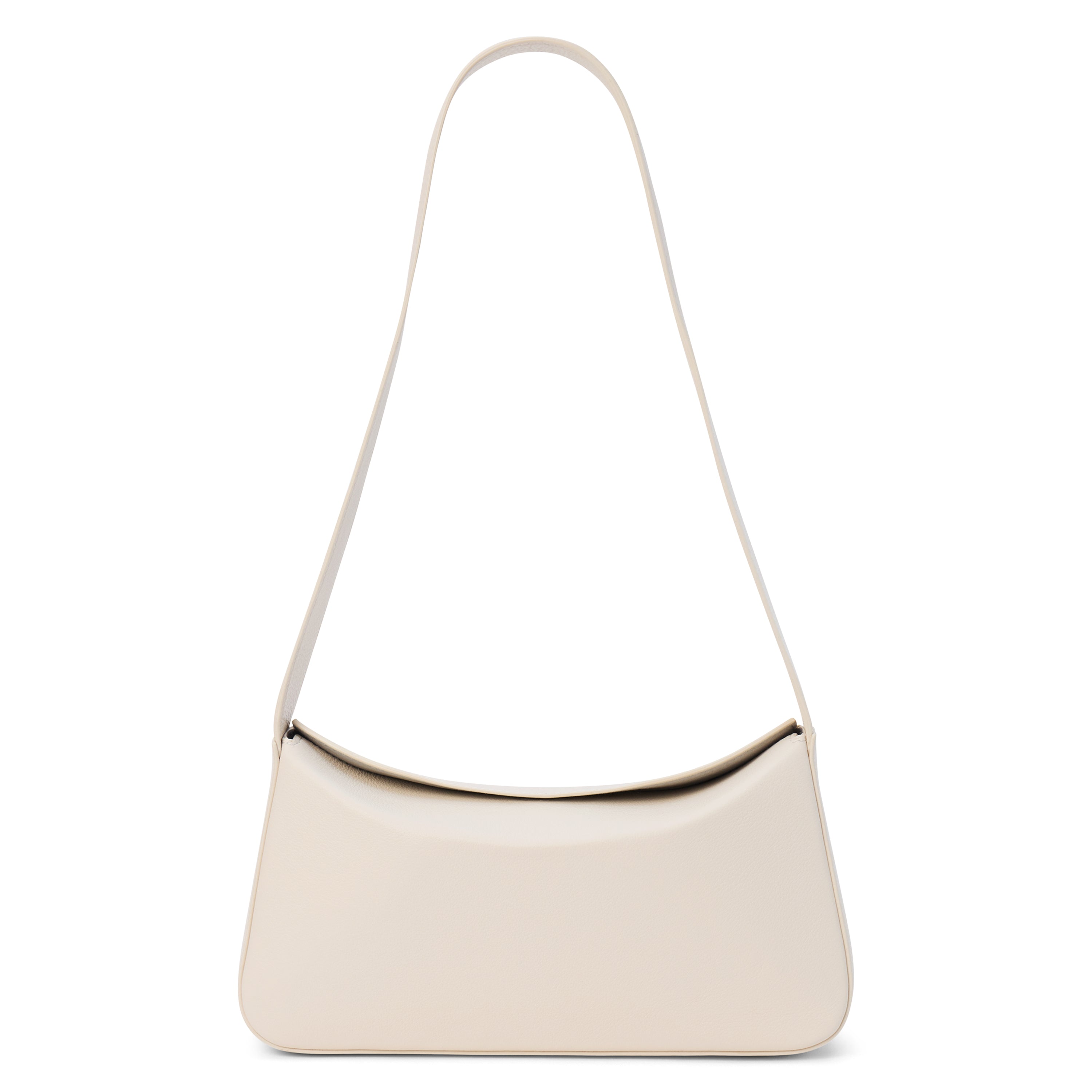 Ivory leather shoulder bag with a structured silhouette and slim strap, shown on a white background.