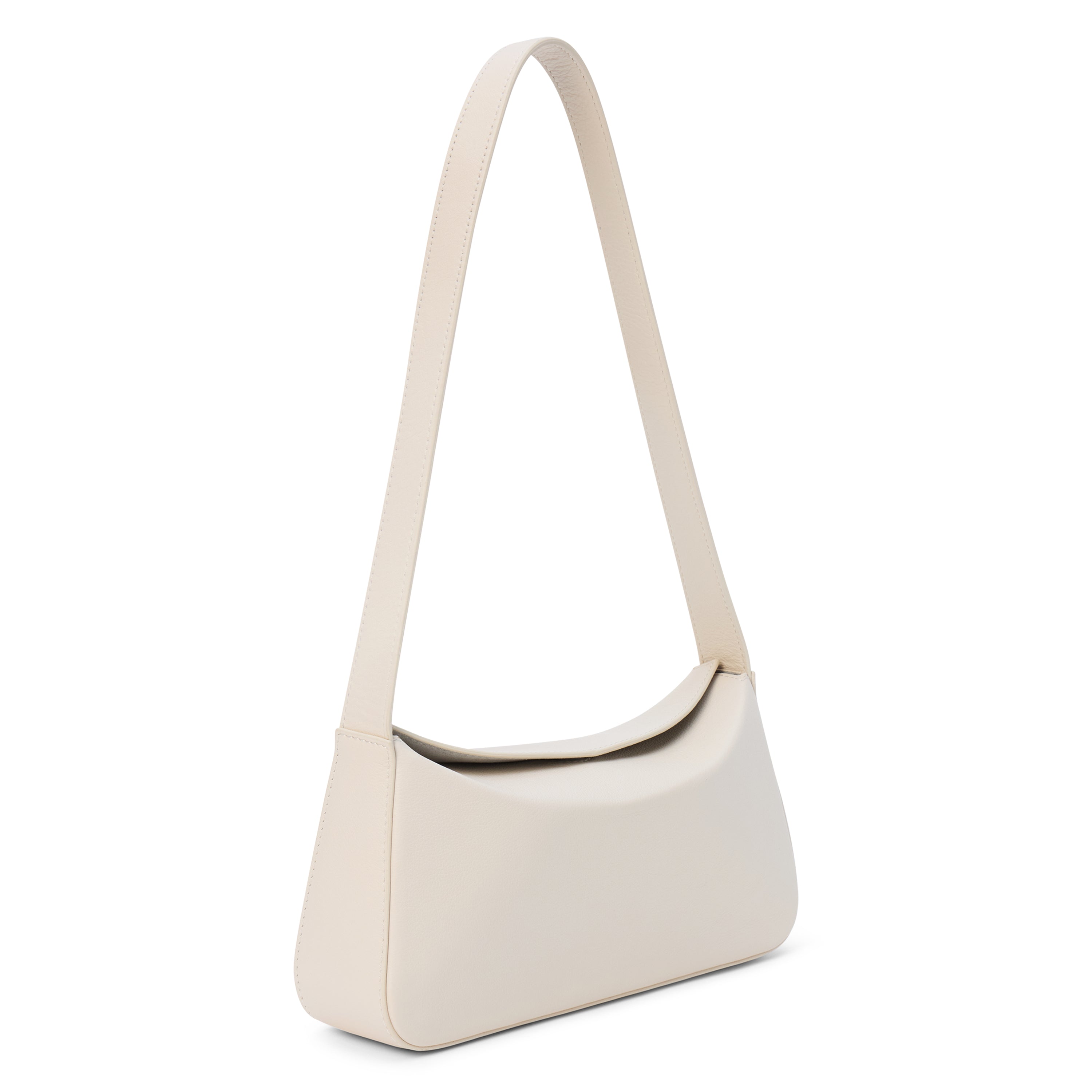 Ivory leather shoulder bag with a structured silhouette and slim strap, shown on a white background.