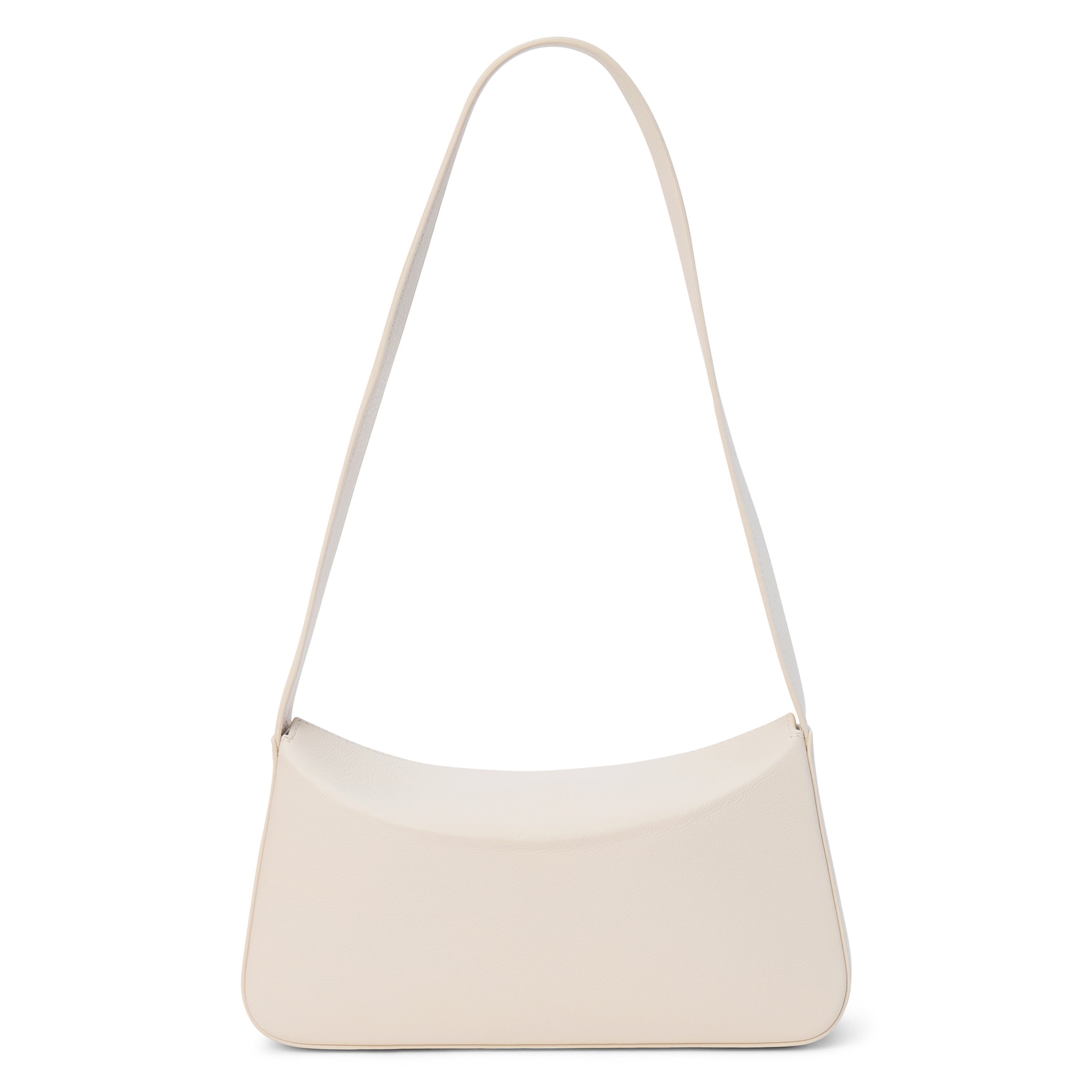 Ivory leather shoulder bag with a structured silhouette and slim strap, shown on a white background.