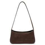 Brown suede shoulder bag with a structured silhouette and slim strap, shown on a white background.