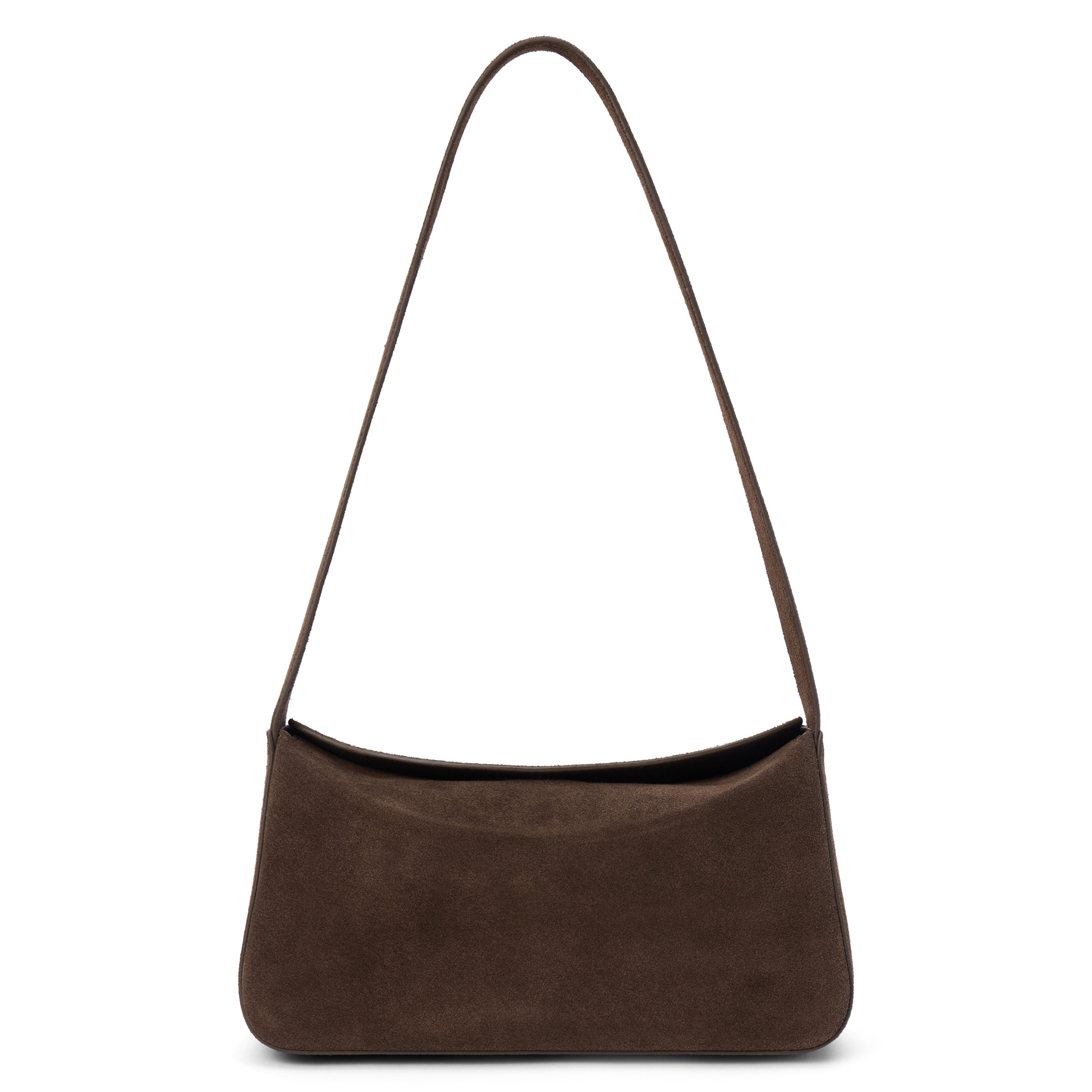 Brown suede shoulder bag with a structured silhouette and slim strap, shown on a white background.