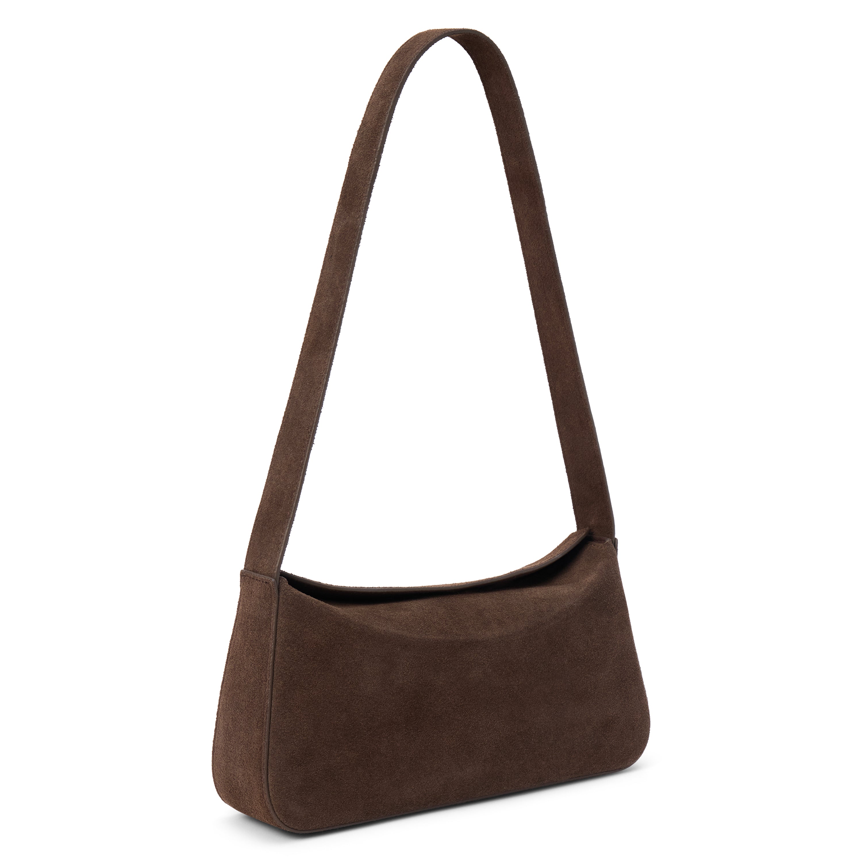 Brown suede shoulder bag with a structured silhouette and slim strap, shown on a white background.