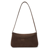 Brown suede shoulder bag with a structured silhouette and slim strap, shown on a white background.