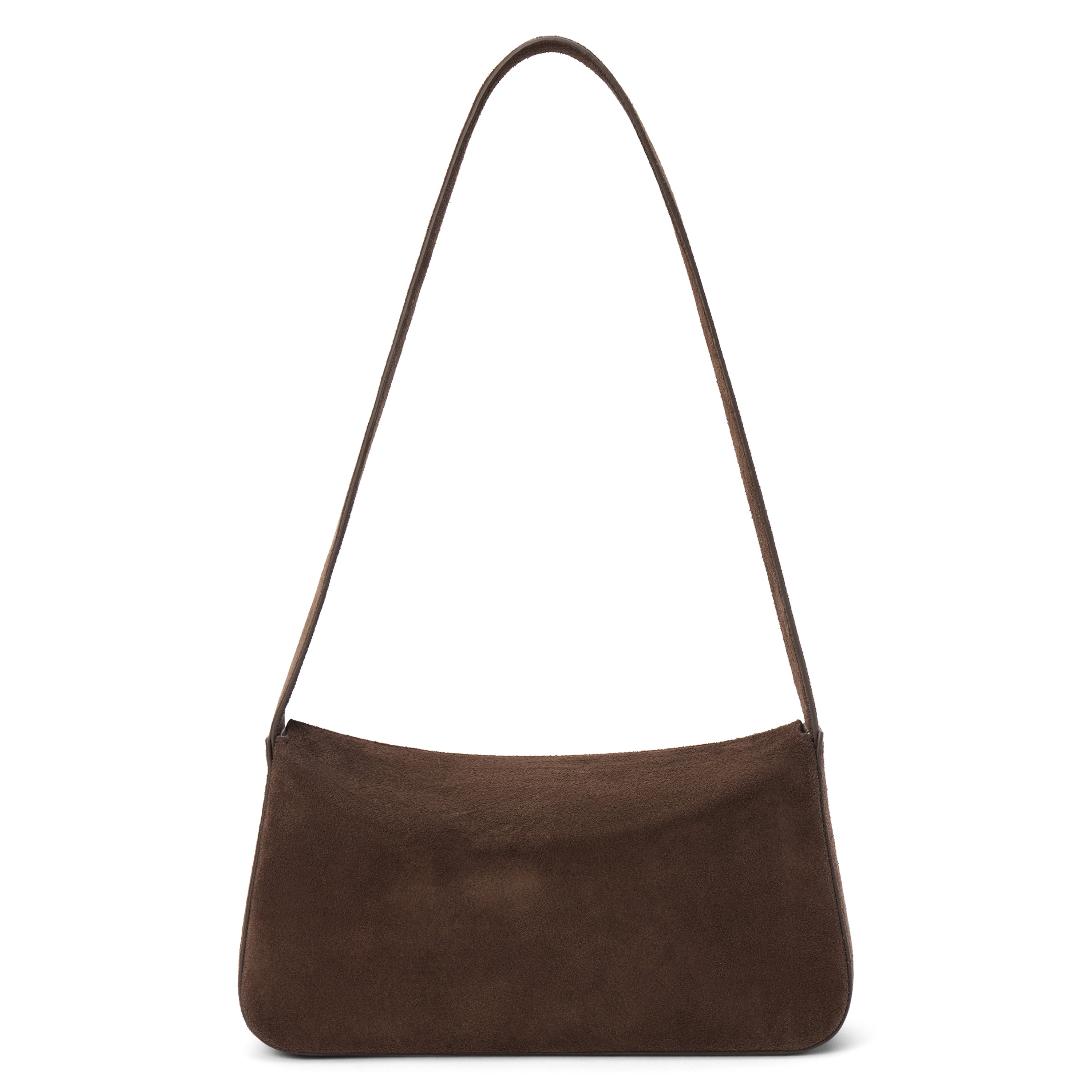 Brown suede shoulder bag with a structured silhouette and slim strap, shown on a white background.