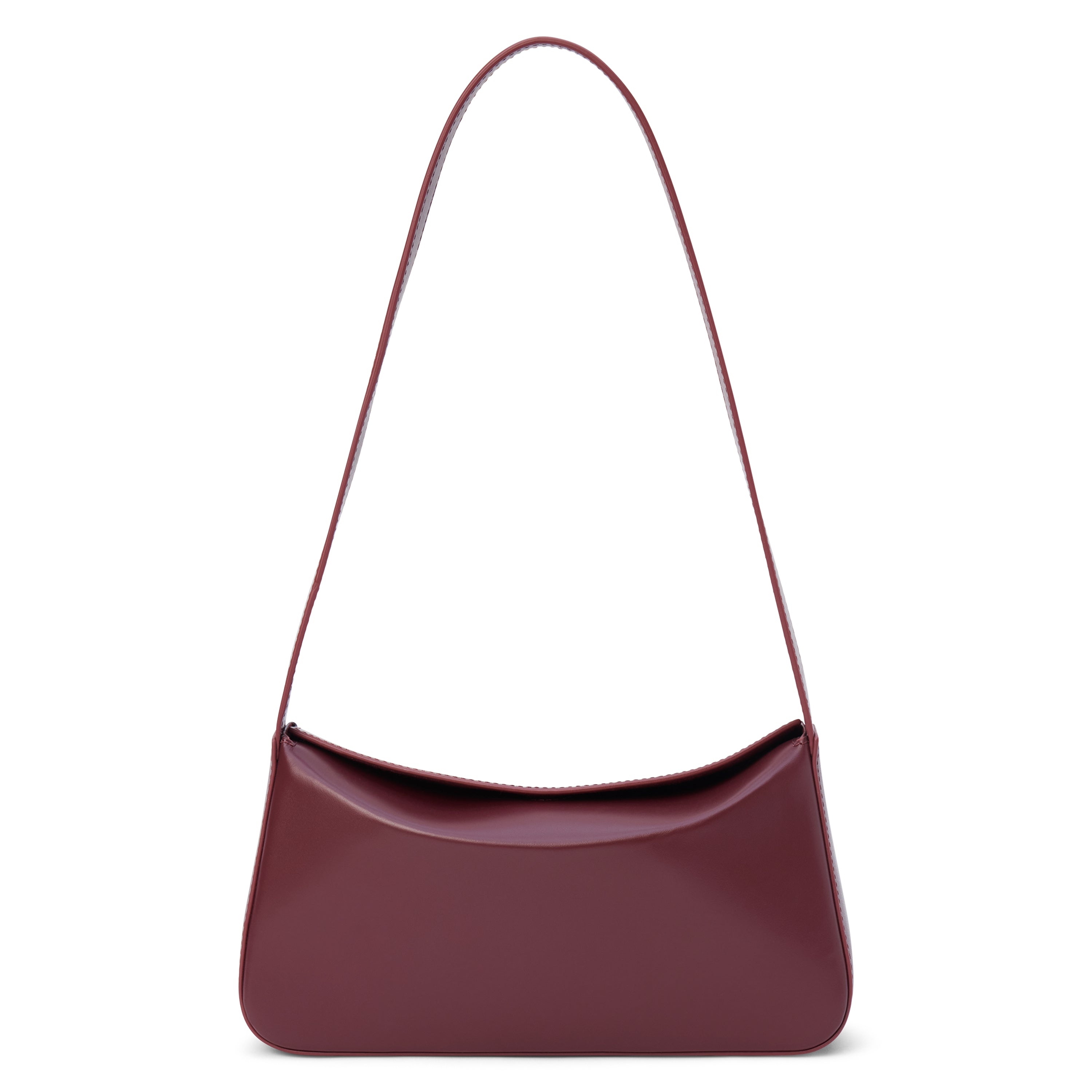 Dark red leather shoulder bag with a structured silhouette and slim strap, shown on a white background.