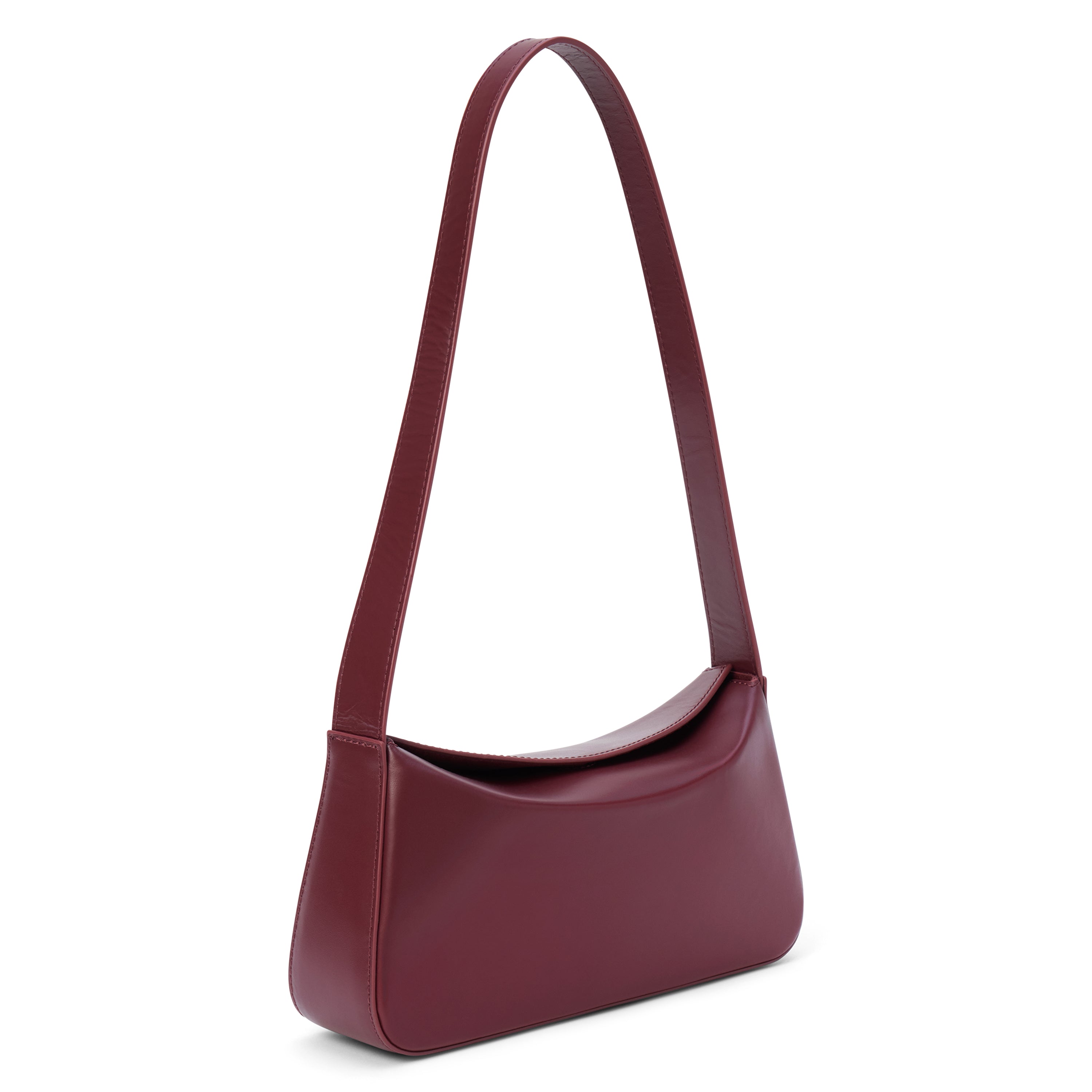 Dark red leather shoulder bag with a structured silhouette and slim strap, shown on a white background.