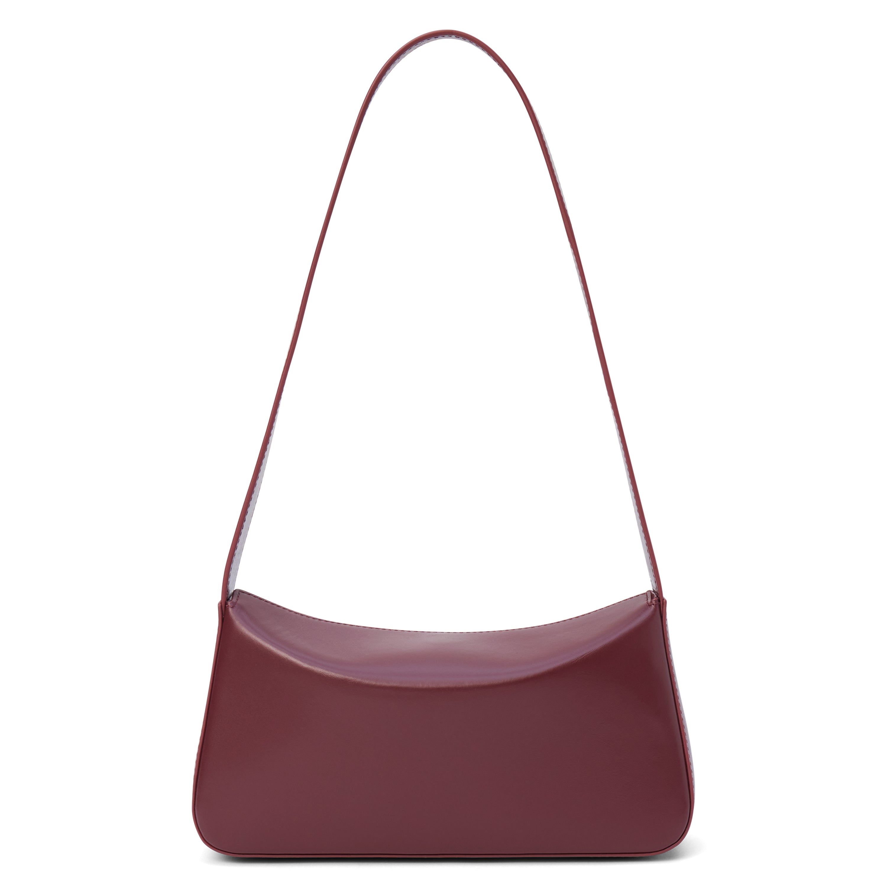 Dark red leather shoulder bag with a structured silhouette and slim strap, shown on a white background.