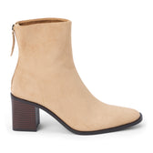 Tan faux suede ankle boot with a square toe, stacked block heel, streamlined shaft, and rear zipper shown on a white background.