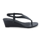 Black leather wedge sandal with slingback strap and open toe shown on a white background.
