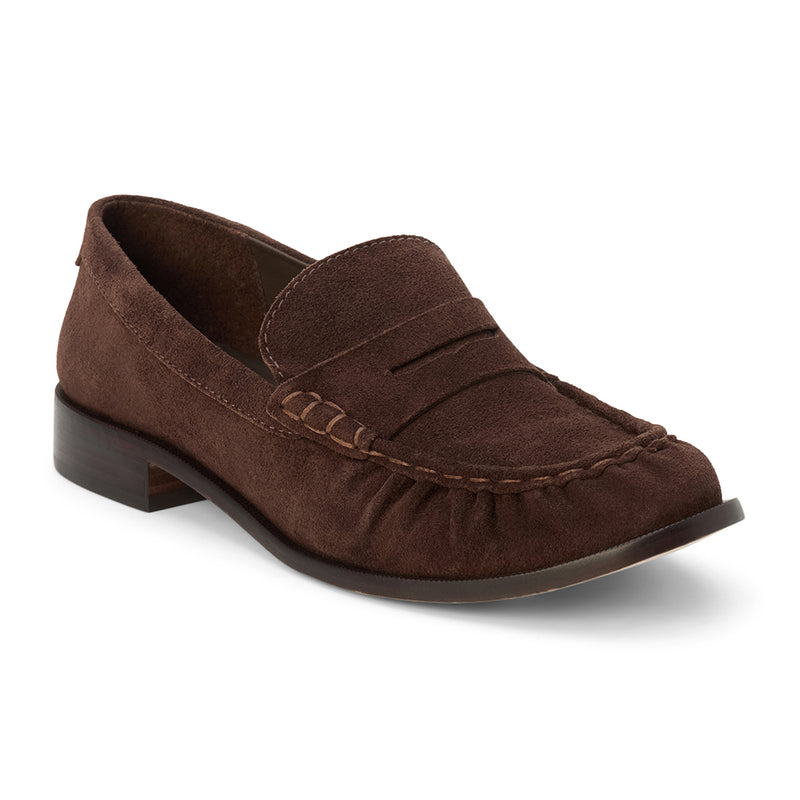 William Penny Loafer – Lenore by Matisse – Dark brown suede loafer with stitched detailing and classic penny strap silhouette.