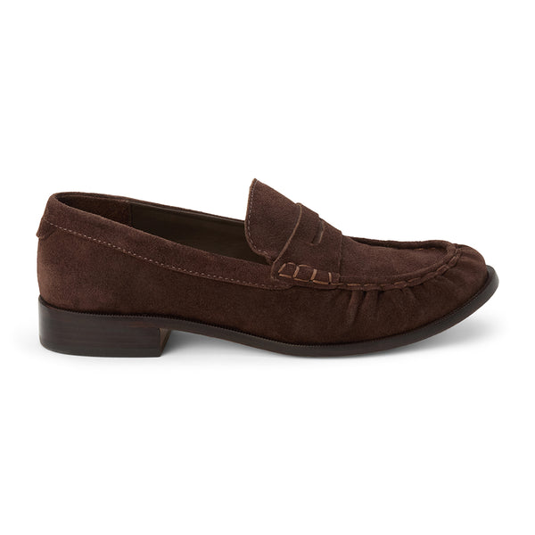 William Penny Loafer – Lenore by Matisse – Dark brown suede loafer with stitched detailing and classic penny strap silhouette.