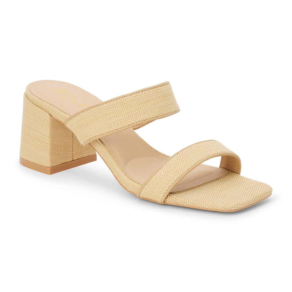 Beige vegan raffia heeled sandal with wide woven straps and block heel, shown on a white background.
