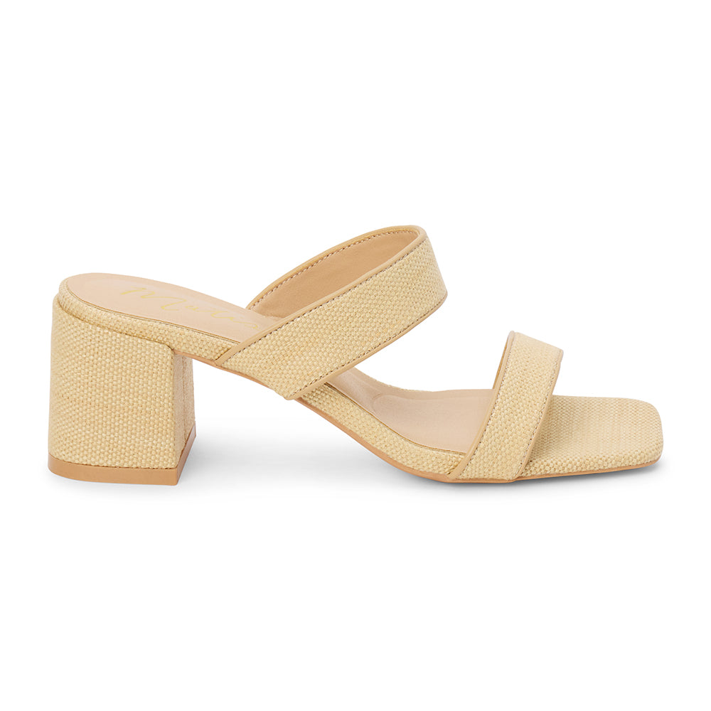 Beige vegan raffia heeled sandal with wide woven straps and block heel, shown on a white background.