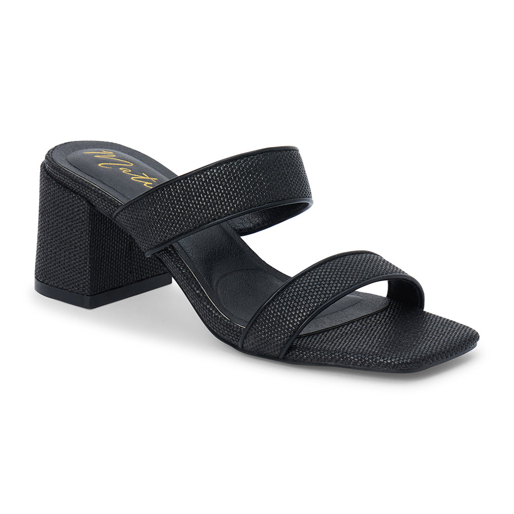 Black vegan raffia heeled sandal with wide woven straps and block heel, shown on a white background.