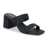 Black vegan raffia heeled sandal with wide woven straps and block heel, shown on a white background.