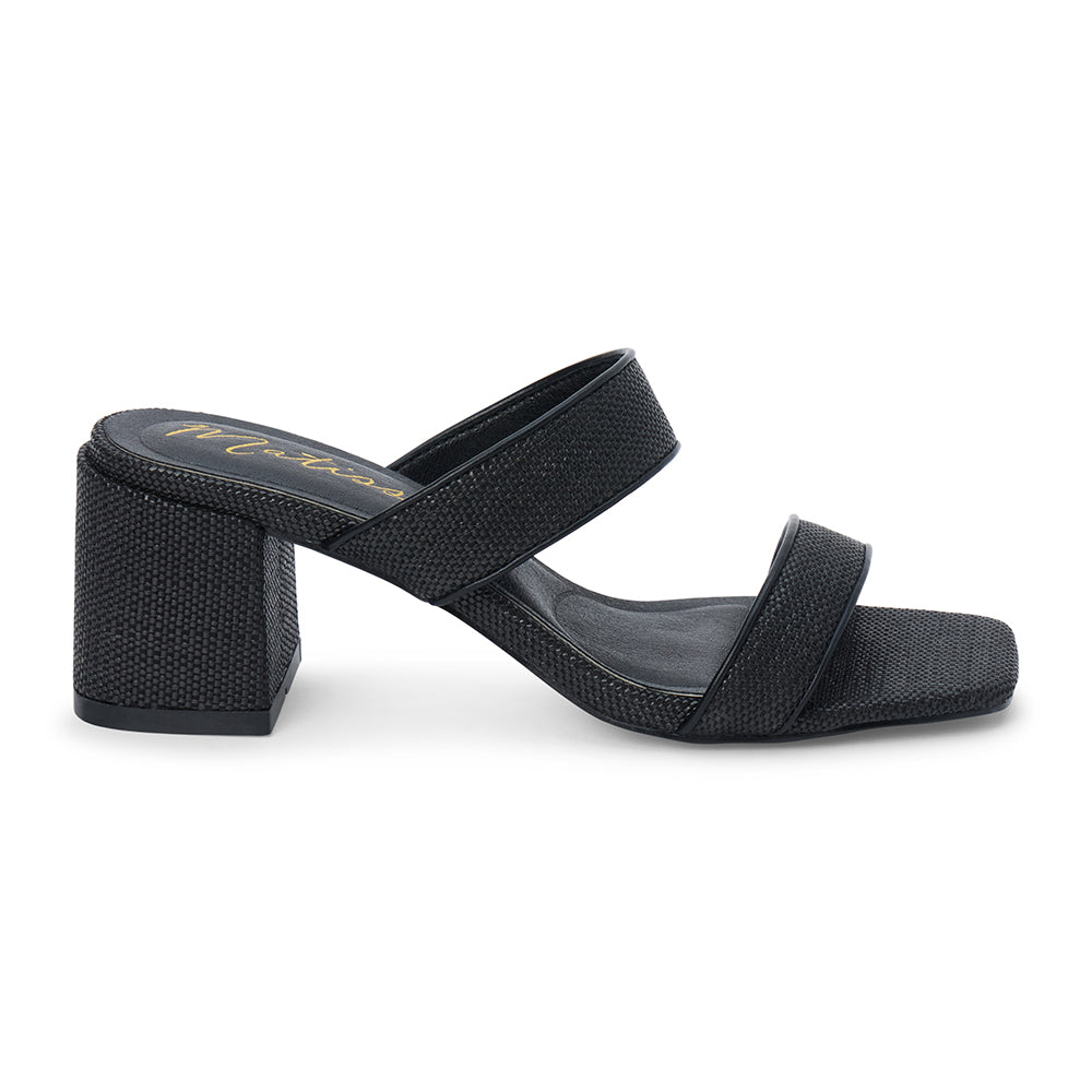 Black vegan raffia heeled sandal with wide woven straps and block heel, shown on a white background.