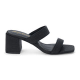 Black vegan raffia heeled sandal with wide woven straps and block heel, shown on a white background.