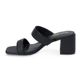 Black vegan raffia heeled sandal with wide woven straps and block heel, shown on a white background.