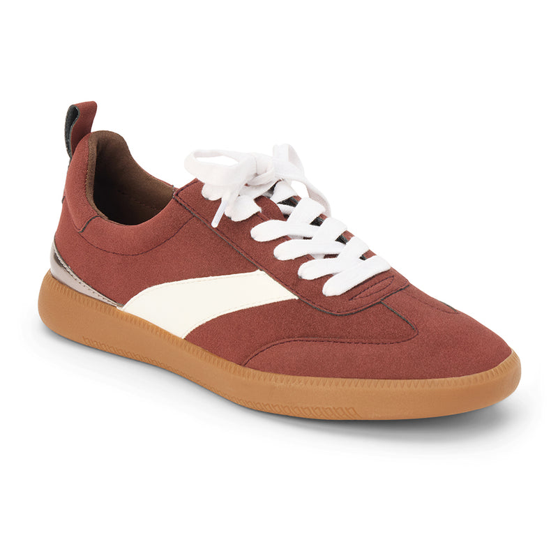 Wylder Vegan Low-Top Sneaker – Coconuts by Matisse – Burgundy faux suede sneaker with cream side stripe, metallic heel detail, and gum sole.