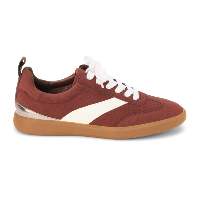 Wylder Vegan Low-Top Sneaker – Coconuts by Matisse – Burgundy faux suede sneaker with cream side stripe, metallic heel detail, and gum sole.
