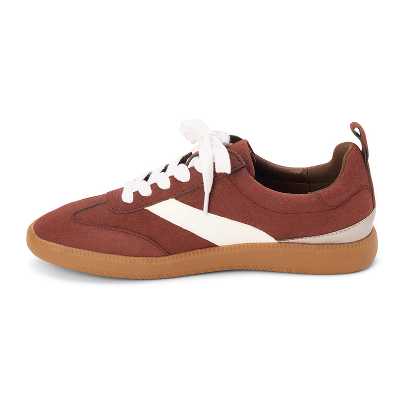 Wylder Vegan Low-Top Sneaker – Coconuts by Matisse – Burgundy faux suede sneaker with cream side stripe, metallic heel detail, and gum sole.