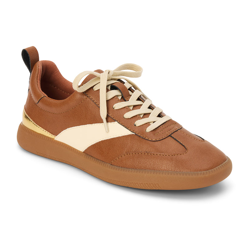 Wylder Vegan Low-Top Sneaker – Coconuts by Matisse – Cognac faux suede sneaker with cream side stripe, metallic heel detail, and gum sole.
