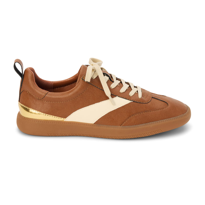 Wylder Vegan Low-Top Sneaker – Coconuts by Matisse – Cognac faux suede sneaker with cream side stripe, metallic heel detail, and gum sole.