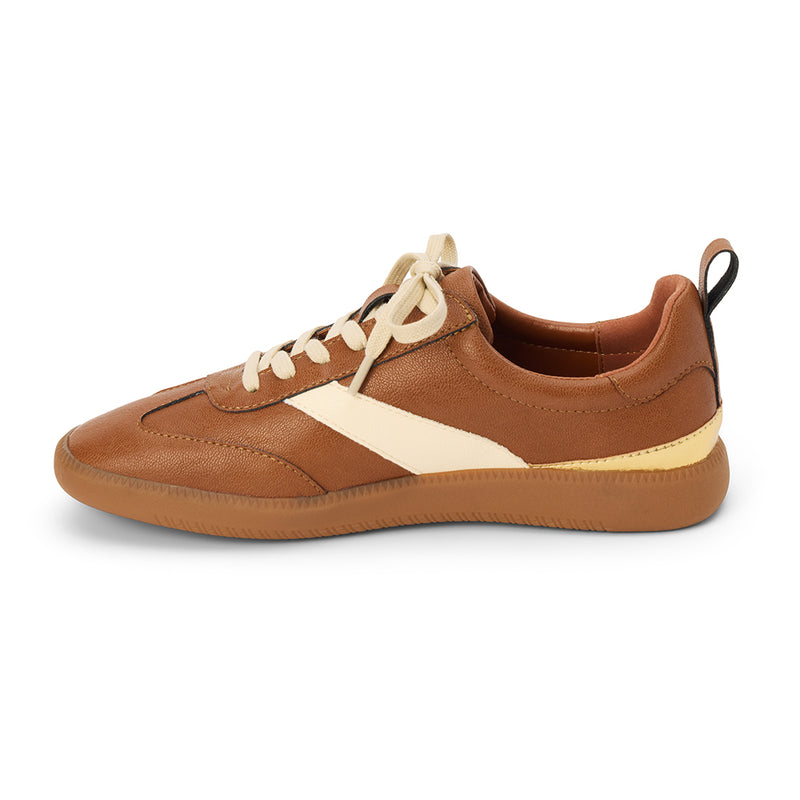 Wylder Vegan Low-Top Sneaker – Coconuts by Matisse – Cognac faux suede sneaker with cream side stripe, metallic heel detail, and gum sole.