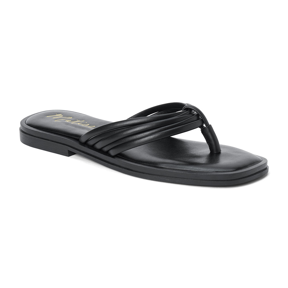 Black leather flip flop sandal with multiple tubular straps gathered in a knotted design and a flat sole shown on a white background.
