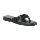Black leather flip flop sandal with multiple tubular straps gathered in a knotted design and a flat sole shown on a white background.