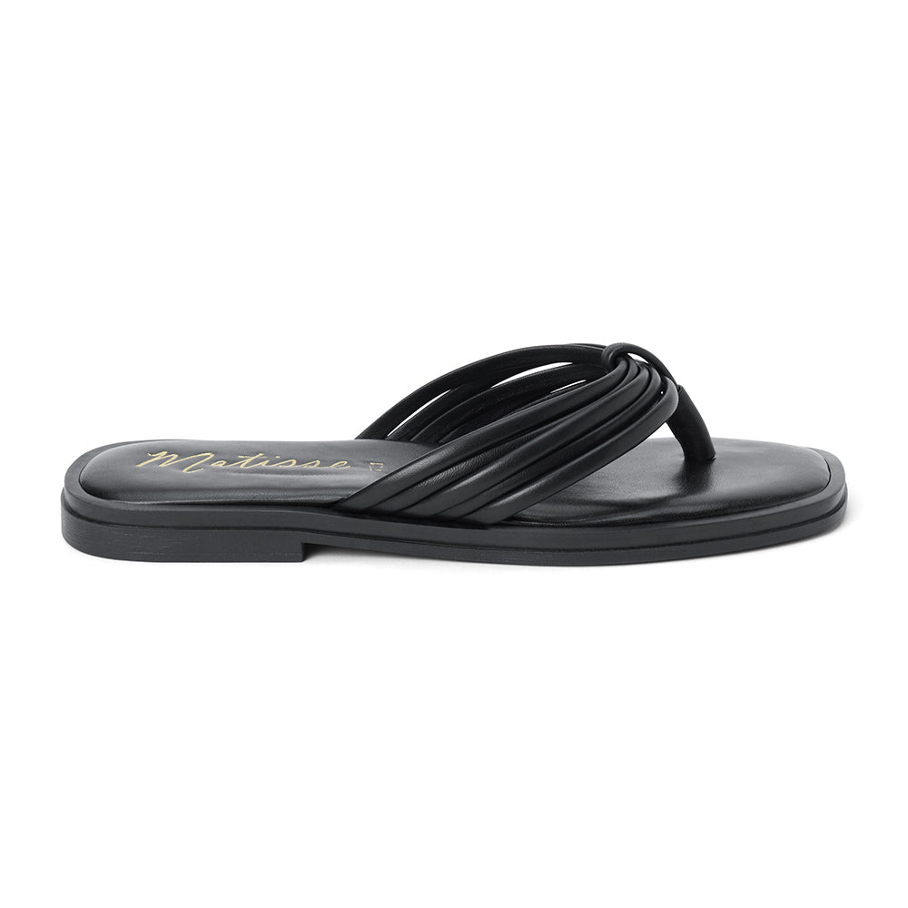 Black leather flip flop sandal with multiple tubular straps gathered in a knotted design and a flat sole shown on a white background.