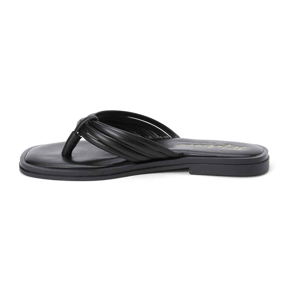 Black leather flip flop sandal with multiple tubular straps gathered in a knotted design and a flat sole shown on a white background.