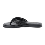 Black leather flip flop sandal with multiple tubular straps gathered in a knotted design and a flat sole shown on a white background.